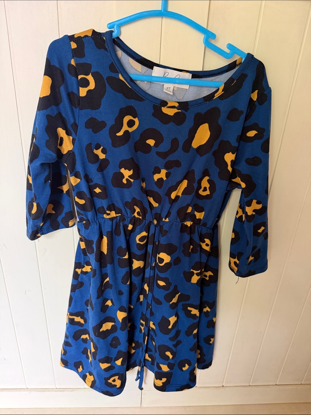 3/$6 Blue & Mustard Animal-Print Tie-Waist Long Sleeve Dress